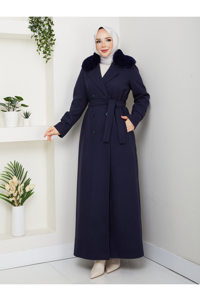 Moda İncir Double-Breasted Fur Coat with Collar