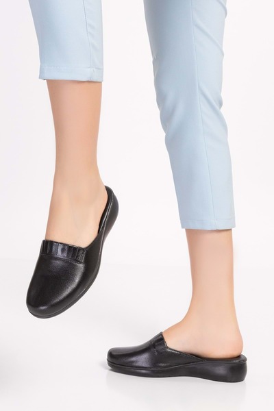 Gondol Women's Inside-Out Genuine Leather Stylish House Slippers Özl.960 Black Skin