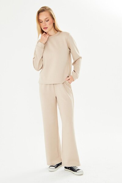 TRENDHİLL Women's Modal Fabric Comfortable Fit Tracksuit Set Beige 8509-B