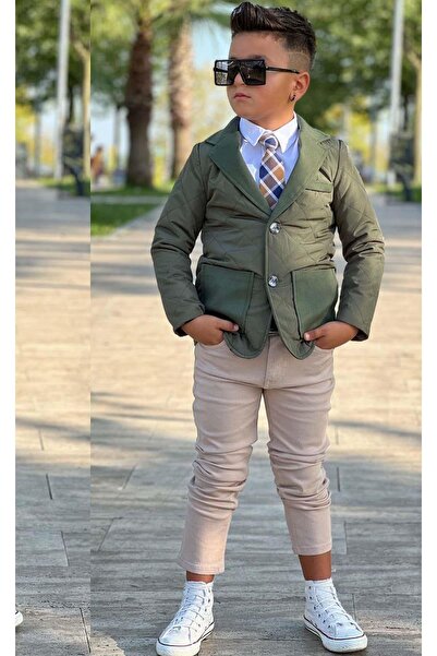 Riccotarz Boys' Classic Shirt with Tie Quilted Green Coat Slim Pants Cut Pants Bottom Top Set