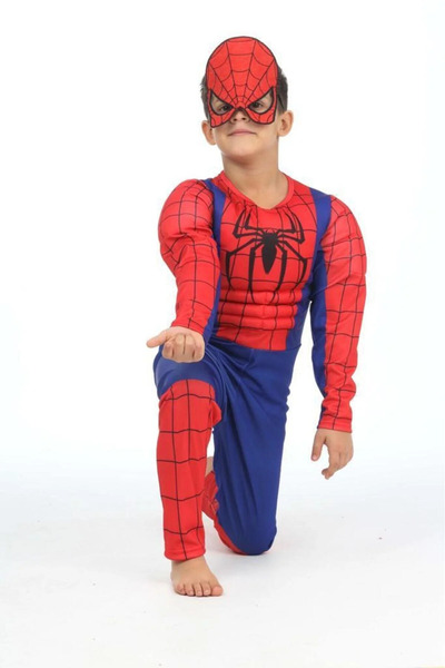 egolika kids Kaslı Spiderman Kostümü + Göz Maskesi - Örümcek Adam Kostüm - Do...