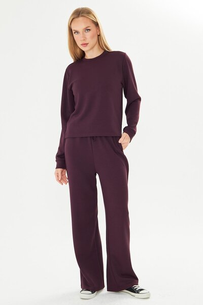 TRENDHİLL Women's Modal Fabric Comfortable Fit Tracksuit Set Burgundy 8509-Bo