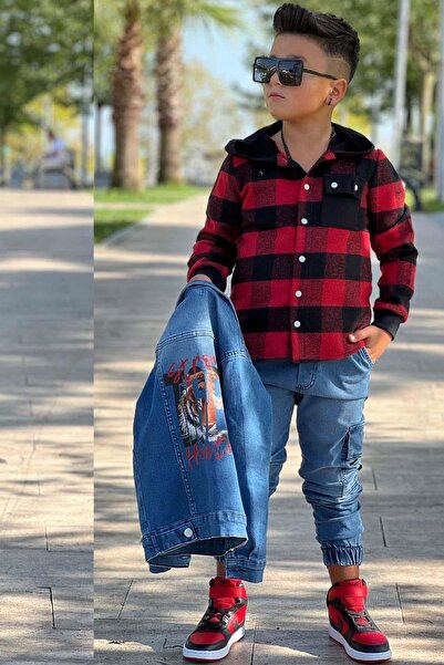 Riccotarz Boys' Plaid Hooded Red Lumberjack Shirt with Tiger Pattern on the Back Jacket Jeans Bottom Top Set