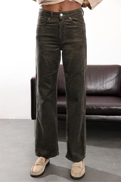 5in1Canpolat Khaki Straight Velvet Trousers