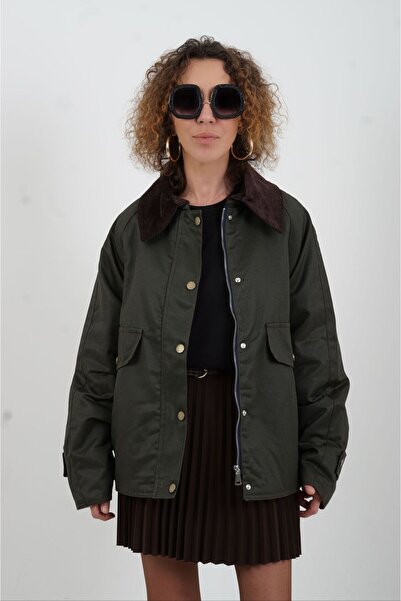 Zelish My Sister Khaki Velvet Collar Plaid Quilted Jacket