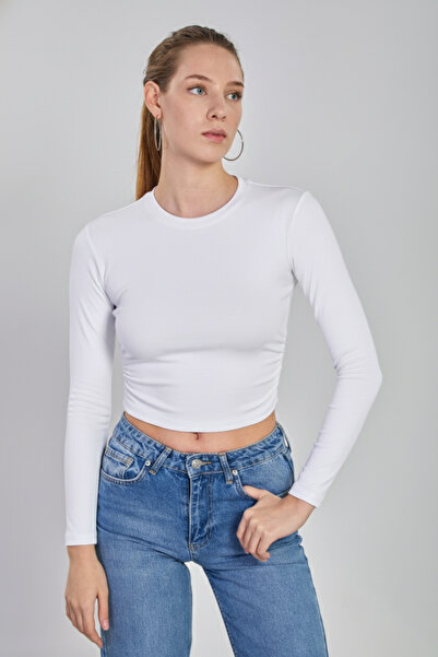 BARRELS AND OIL Women's side ruched long sleeve bodysuit - white