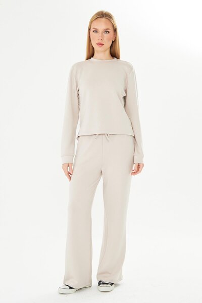 TRENDHİLL Women's Modal Fabric Comfortable Fit Tracksuit Set Stone 8509-t