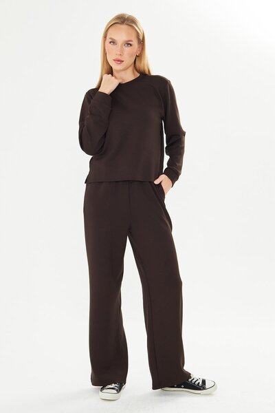 TRENDHİLL Women's Modal Fabric Comfortable Fit Tracksuit Set Brown 8509-K