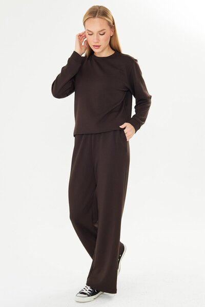 TRENDHİLL Women's Modal Fabric Comfortable Fit Tracksuit Set Brown 8509-K