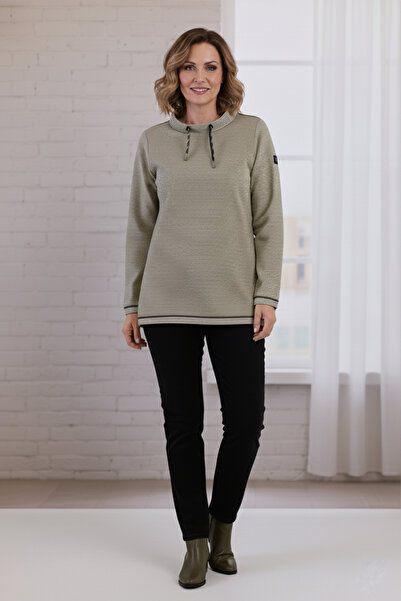 YXL COLLECTION Women's Plus Size Collar Lace-Up Long Sleeve Skirt Elastic Striped Transitional Sweatshirt