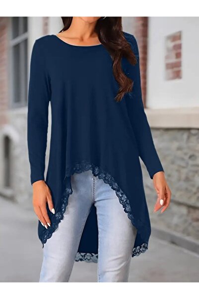 Bijuterria Women's Long Sleeve Crew Neck Asymmetrical Cut Detailed Lace Viscose Blouse