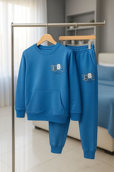 nazarbebe 1984 Printed Children's Tracksuit Set 10-12 Years Old – Oversized Looks, 2 Thread Comfortable Fit (Blue)