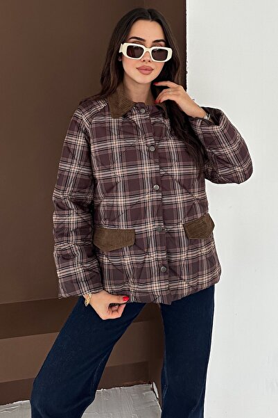 FEMELLE Women's Brown Velvet Collar Detailed Plaid Snap Button Quilted Lined Oversized Coat