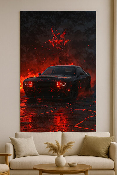 BLT DİZAYN Pictură pe sticlă cu mașină cu mușchi cu ochi roșii în atmosferă întunecată