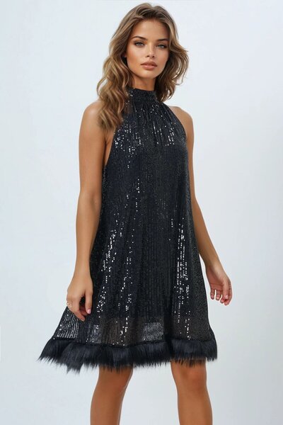 VAGGON Women's Black Halter Neck Sequin Skirt Fur Lined Mini Dress Vs01642