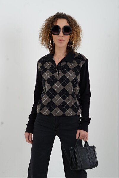 Zelish My Sister Black baklava pattern polo neck sweater
