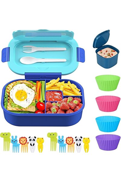Arabest Kids Bento Lunch Box Leakproof Lunch Box with 4 Compartments Lunch Containers with Tableware (Blue)