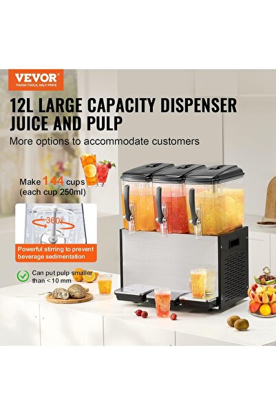 Five Stars VEVOR Commercial Beverage Dispenser, 3 Tanks 12L Per Tank, 370W Stainless Steel