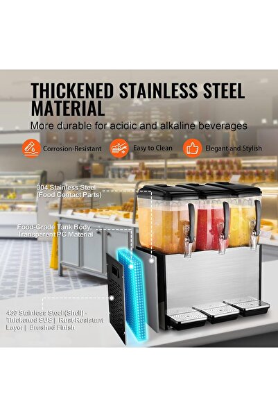 Five Stars VEVOR Commercial Beverage Dispenser, 3 Tanks 12L Per Tank, 370W Stainless Steel