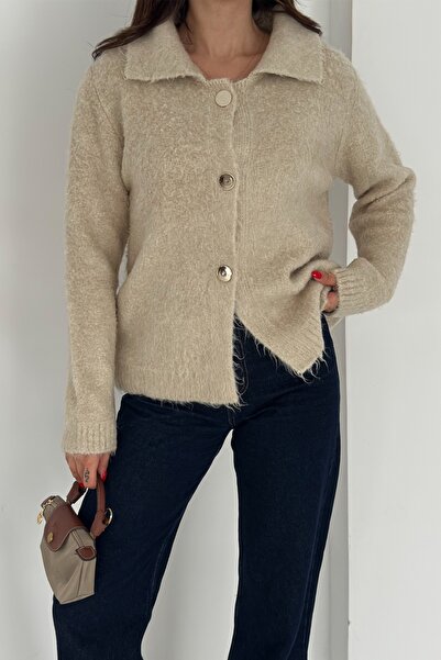 FEMELLE Women's Beige Crumpled Textured Gold Button Cardigan Standard Size