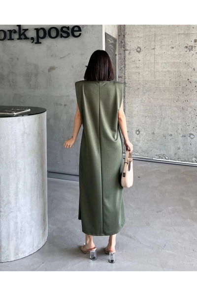 ZENGEZUR MALL Lvsqvr Shoulder Pad Piece Dress Khaki (112939) (Size: S)