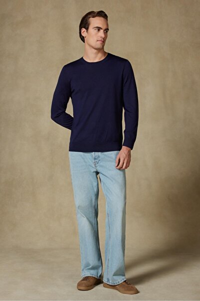 Abbate Salvano Knitted 100% Wool Modern Fit Navy Blue Crew Neck Men's Plain Knitwear