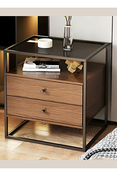 VariFurnx طاولة جانبية بجانب السرير بمقاس 50*40*60 سم، سطح من الزجاج المقوى، أريكة، خزانة تخزين بطرف قهوة مع إطار معدني