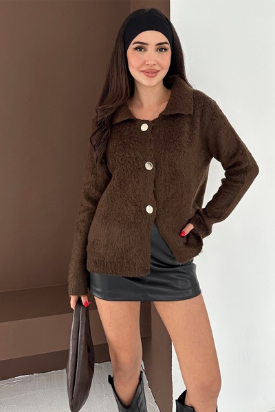 FEMELLE Women's Brown Textured Gold Button Cardigan Standard Size