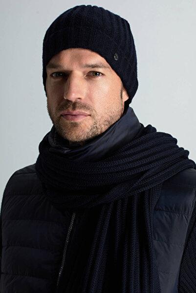 Hemington Örgü Desenli Lacivert Merino Yün Su İtici Bere