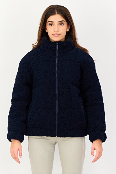 French Connection Women Textured Faux Fur Jacket, Navy