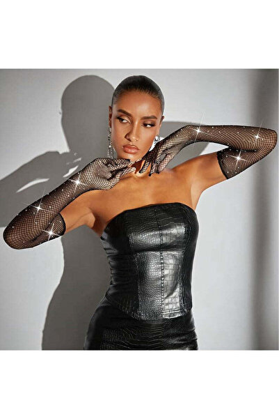 WildFashion Long gloves, made of fine mesh, accessorized with rhinestones of different sizes, Black GL74-1
