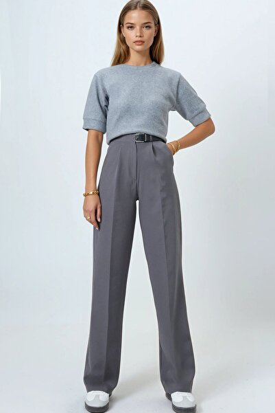 VAGGON Women's Gray Belted Button Closure Double Pocket Palazzo Pants Vs01458
