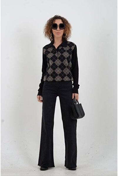 Zelish My Sister Black baklava pattern polo neck sweater