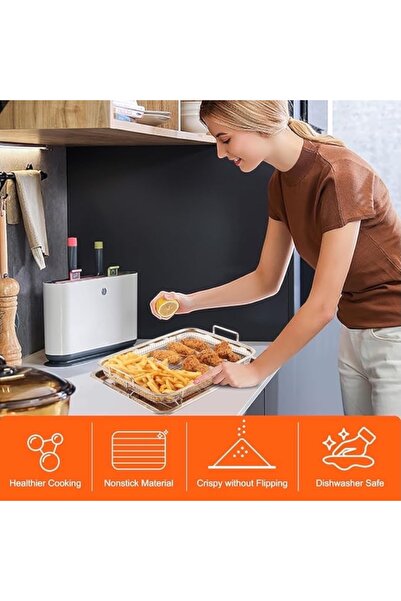 ABAREEK Stainless steel air fryer basket and tray for oven, 8 x 24.5 cm x 32.5 cm rectangular, silver