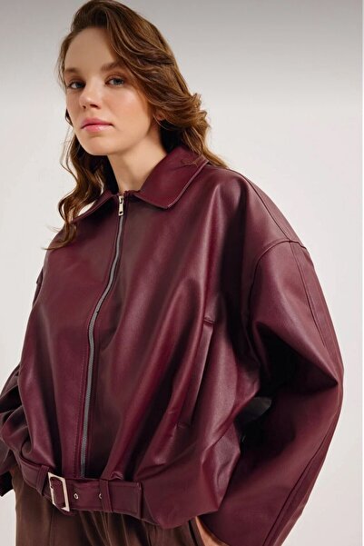 VAGGON Women's Burgundy Belt Detailed Zipper Closure Bomber Jacket Vs01129