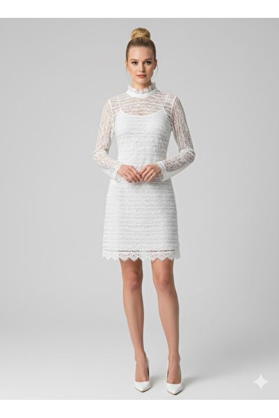 live forever Dantel Detaylı Yüksek Yaka Uzun Kollu A-Line Kısa Davet ve Mezuniyet Elbisesi