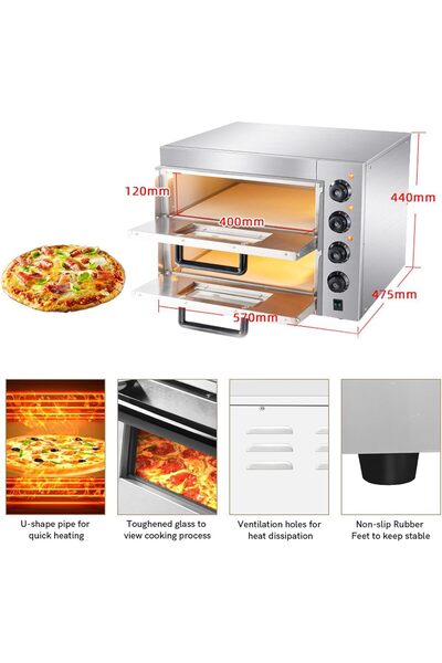 Five Stars Llchaensc Tabletop 2-Tier Commercial Stainless Steel Electric Pizza Oven with Timer