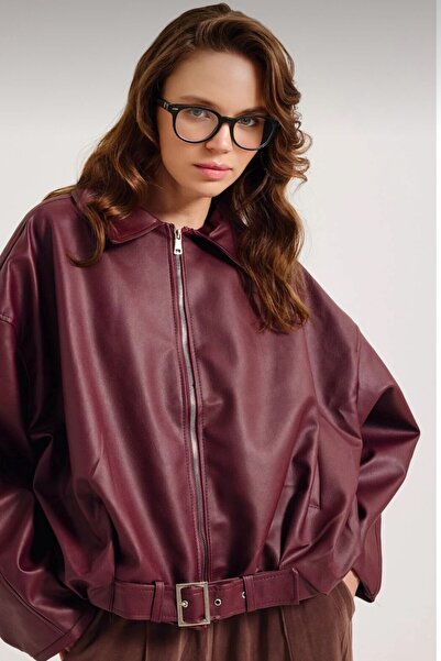 VAGGON Women's Burgundy Belt Detailed Zipper Closure Bomber Jacket Vs01129