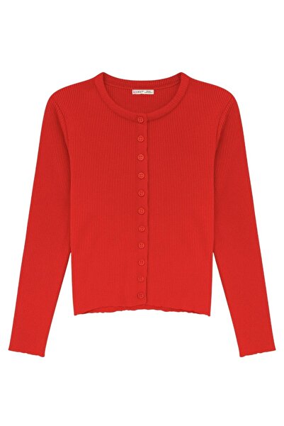 Mixray 6931 Women's Buttoned Corded Fabric Knitwear Cardigan Red