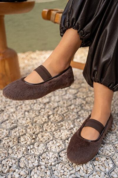 LAMİNTA Creas Brown Women's Furry Elastic Women's Ballerinas