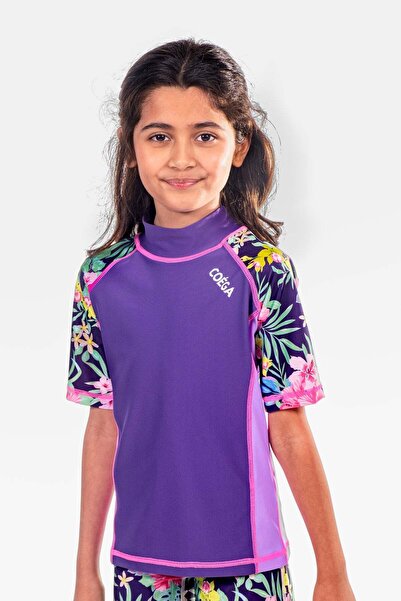 Coega Sunwear Girls Kids Rashguard Short Sleeve - Purple Blue Tropical