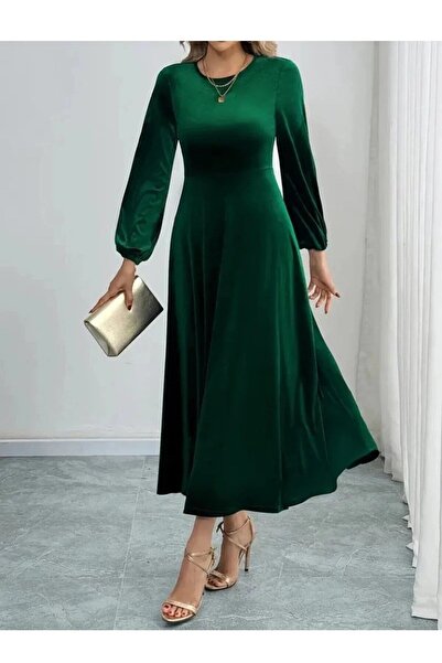 civetta Womenlong Sleeve Crew Neck Midi Velvet Dress