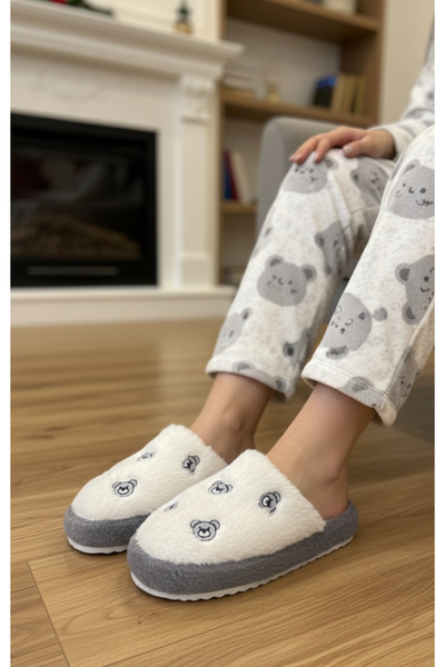 Hızlı Al Bear Pattern Embroidered Quiet Sole Winter Home Slippers.