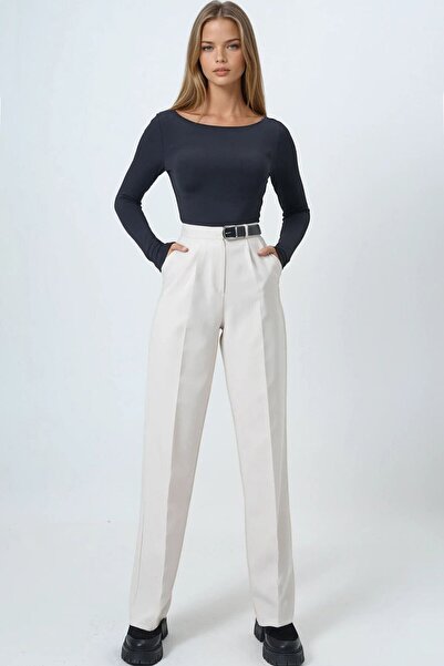 VAGGON Women's Cream Belted Button Closure Double Pocket Palazzo Pants Vs01458