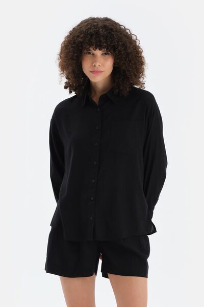 Dagi Black Long Sleeve Linen Lyocell Blend Woven Shirt
