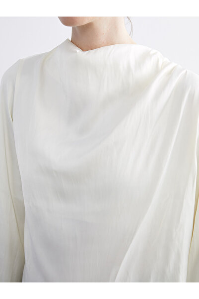 LC Waikiki Classic Ecru Mock Neck Oversized Gathered Blouse