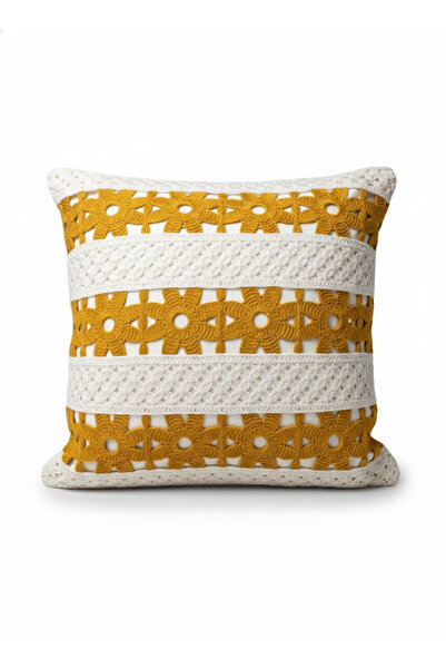 homytextiles Scalloped Daisy Pattern, Crochet Knit Square Patterned Bohemian, Modern Throw Pillow Cover, Mustard