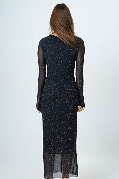 VAGGON Women's Black Stone Embroidered One Shoulder D Draped Maxi Length Dress Vs01641