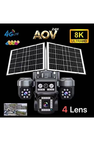 Genel Markalar AOV Dört Lensli Güneş Enerjili Güvenlik Kamerası 4k 8mp Sim Kartlı 24 Saat Kayıt Çift Güneş Panelli