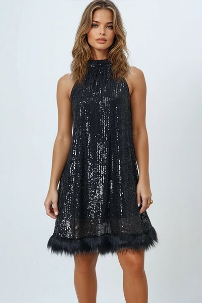 VAGGON Women's Black Halter Neck Sequin Skirt Fur Lined Mini Dress Vs01642